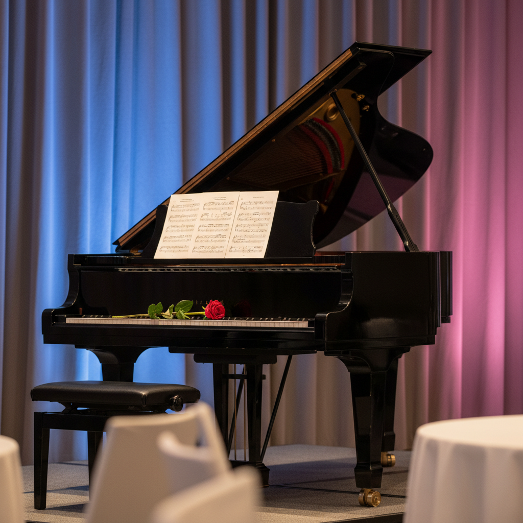 A close-up of a glossy black grand piano on a small stage in an upscale hotel ballroom, its open lid reflecting delicate spotlights above. On the piano, sheet music without visible text is neatly arranged, and a single red rose lies across the polished surface, adding a touch of elegance. Behind the instrument, subtle colored stage lights create a soft gradient of deep blue and magenta against a textured curtain. The foreground shows a blurred hint of round tables with white linens, indicating a corporate gala setting. The lighting is warm and focused, with gentle highlights dancing on the piano’s curves. Photographic realism, shot from a low, three-quarter angle, with a sophisticated, timeless atmosphere suggesting live, refined entertainment.