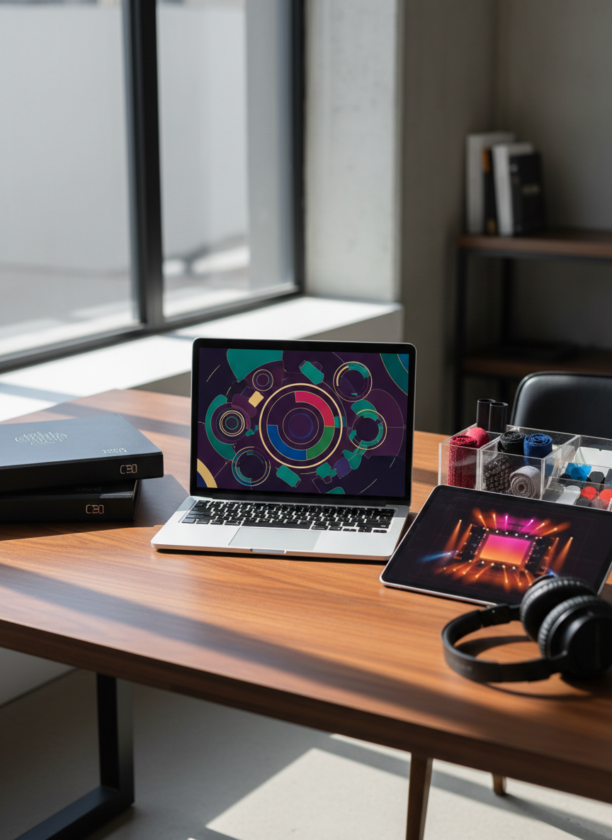 A high-end event planning workstation in a contemporary office, showcasing the strategy behind bespoke entertainment. A large wooden desk holds an open laptop displaying a colorful but non-specific event layout, surrounded by neatly stacked black leather folders, a tablet with a lighting design mockup, and a pair of over-ear studio headphones. Nearby, a clear acrylic organizer holds swatches of stage fabric and lighting gel samples in rich hues. A large window casts soft, natural daylight across the scene, creating gentle shadows and subtle reflections on the glass and metal surfaces. Shot from a slightly elevated angle with shallow depth of field, focusing on the laptop and materials. Photographic realism, clean and organized, conveying professionalism, meticulous planning, and decades of industry expertise.