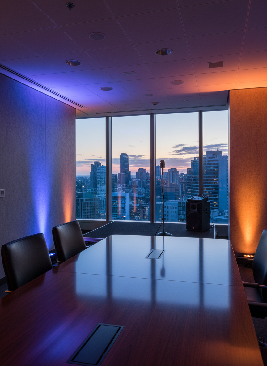 A polished corporate boardroom subtly transformed for an in-office entertainment event. A large, dark wood conference table reflects the soft glow of portable uplights placed along the walls, washing them in sophisticated blues and warm ambers. At the end of the room, a compact entertainment zone showcases a small, sleek sound system and minimal stage riser with a single elegant microphone stand. Floor-to-ceiling windows reveal an Australian cityscape at twilight with office lights twinkling. The composition is shot from one corner with a wide lens, emphasizing the contrast between formal business environment and stylish event-ready ambiance. Photographic realism with clean lines, professional mood, and a sense of customised, seamless integration of entertainment into corporate spaces.
