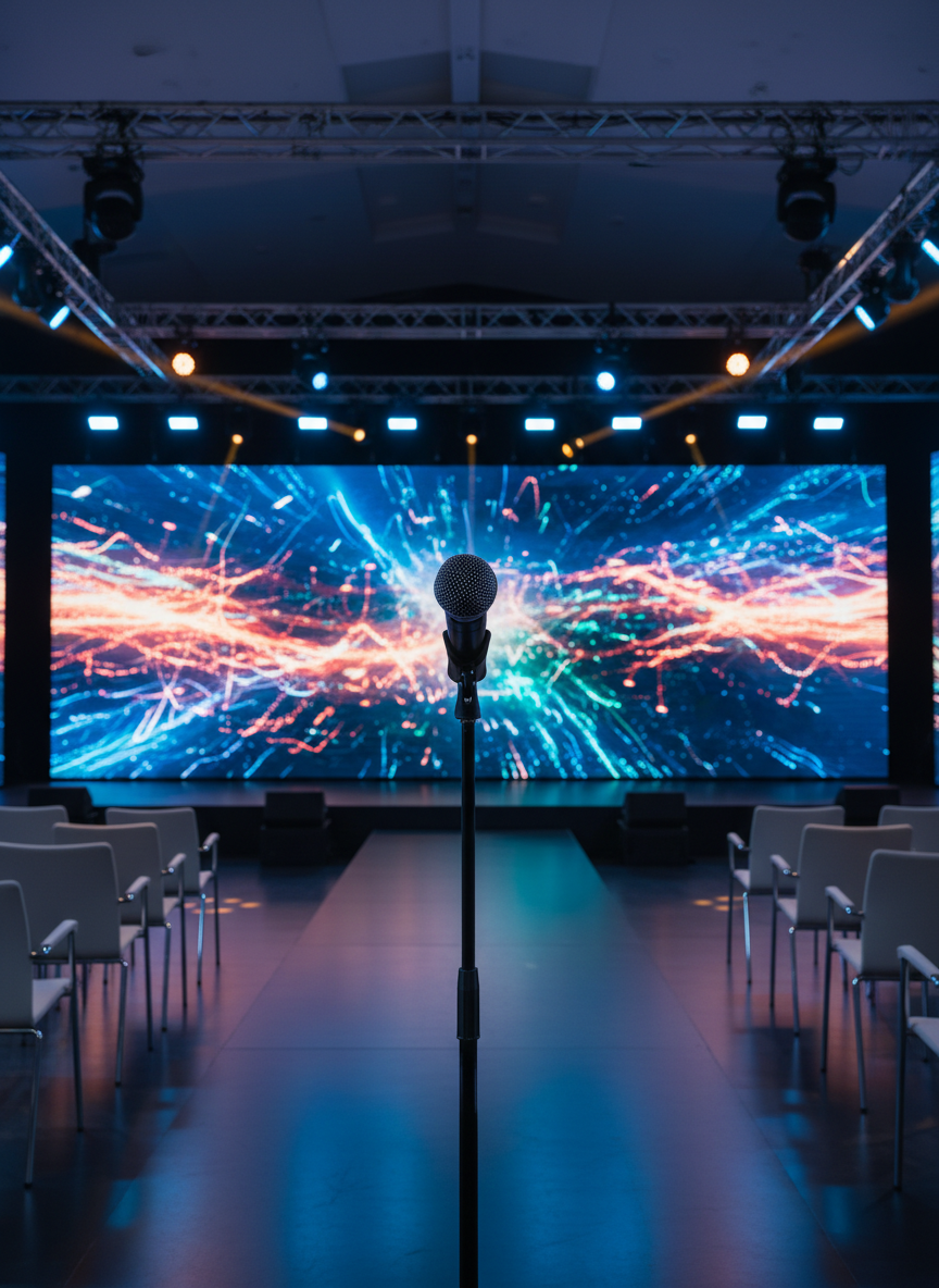 A sleek, dark charcoal stage in a modern corporate event venue, with a single high-end wireless microphone resting on a glossy black stand at center stage. Behind it, an expansive LED wall displays abstract, colorful light patterns suggesting live entertainment without text or logos. Discreet truss lighting frames the stage, casting a cool blue and warm amber wash across the polished floor. The foreground shows out-of-focus rows of elegant chairs, hinting at a large corporate audience. Shot at eye level with a shallow depth of field, the composition centers the microphone as the promise of a performance. Photographic realism, clean and professional atmosphere, evoking anticipation and confidence.