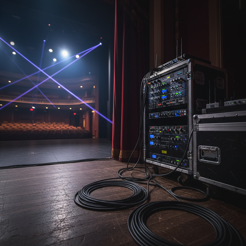 A dynamic backstage view of a mid-size theatre prepared for a live entertainment show, captured without any performers present. Coiled black cables, neatly organized on the floor, connect to a professional audio rack with glowing LEDs. A row of high-end wireless microphone receivers and in-ear monitor packs sits on a sturdy road case. Through the side curtain, the stage is visible with colored beams of light crossing in rich blues and purples, illuminating haze in the air. The seating area beyond is softly blurred, suggesting an eager audience. Lighting is low and dramatic, with rim lighting highlighting equipment edges. Photographic realism, shot from a low angle looking out toward the stage, creating a sense of behind-the-scenes professionalism and decades of technical expertise.