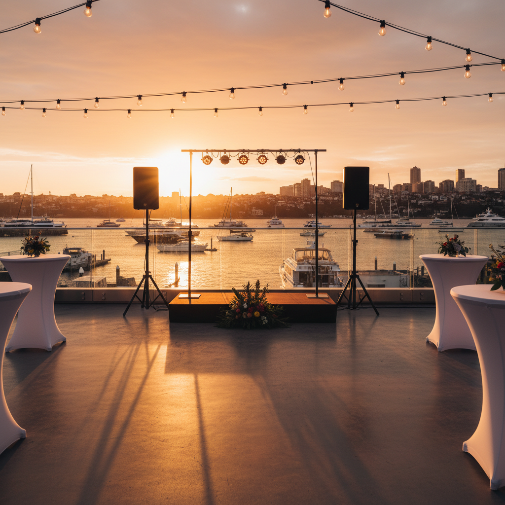 An outdoor waterfront event terrace in Australia at golden hour, featuring a compact, professional live-entertainment setup: sleek black speakers on stands, a minimalist lighting rig with soft amber bulbs, and a small, elevated wooden platform stage. The terrace is framed by glass balustrades overlooking a calm harbor with moored yachts and a glowing city skyline. Festoon lights zigzag above, casting warm, twinkling reflections on the polished concrete floor. A few high cocktail tables with simple white covers and small floral arrangements suggest a private corporate reception. Photographed in wide angle with sharp focus throughout, the scene feels inviting and celebratory. The mood is relaxed yet upscale, emphasizing bespoke entertainment experiences tailored to Australian corporate and private clients.
