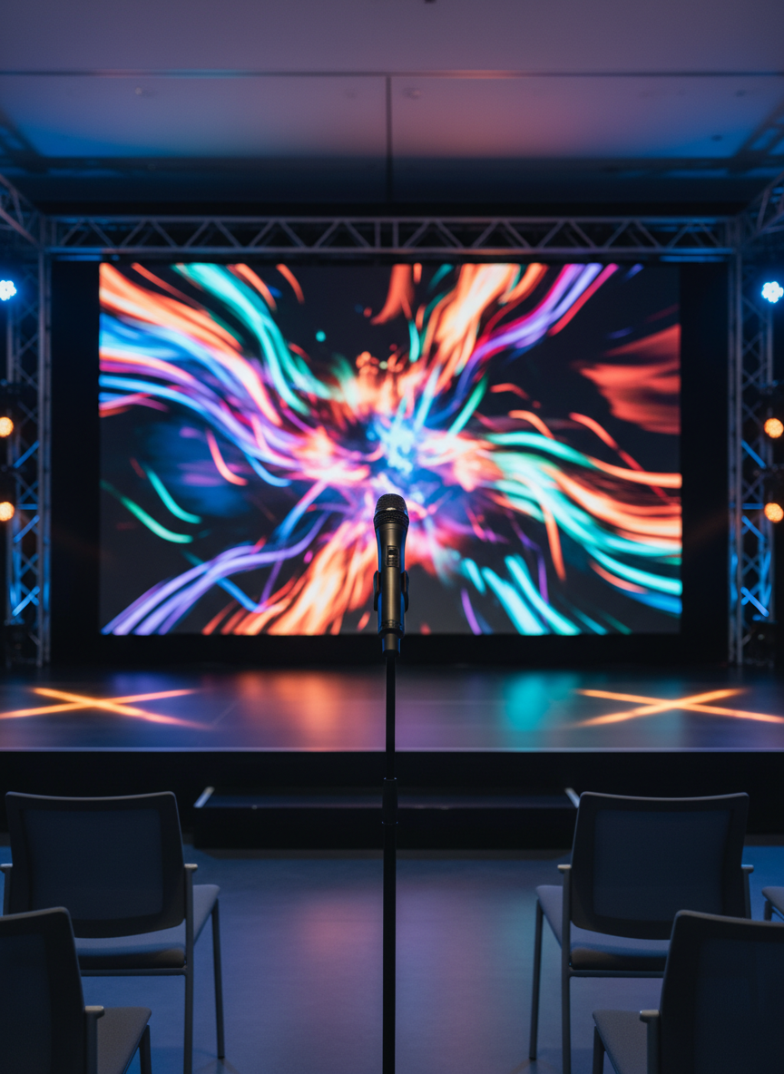 A sleek, dark charcoal stage in a modern corporate event venue, with a single high-end wireless microphone resting on a glossy black stand at center stage. Behind it, an expansive LED wall displays abstract, colorful light patterns suggesting live entertainment without text or logos. Discreet truss lighting frames the stage, casting a cool blue and warm amber wash across the polished floor. The foreground shows out-of-focus rows of elegant chairs, hinting at a large corporate audience. Shot at eye level with a shallow depth of field, the composition centers the microphone as the promise of a performance. Photographic realism, clean and professional atmosphere, evoking anticipation and confidence.