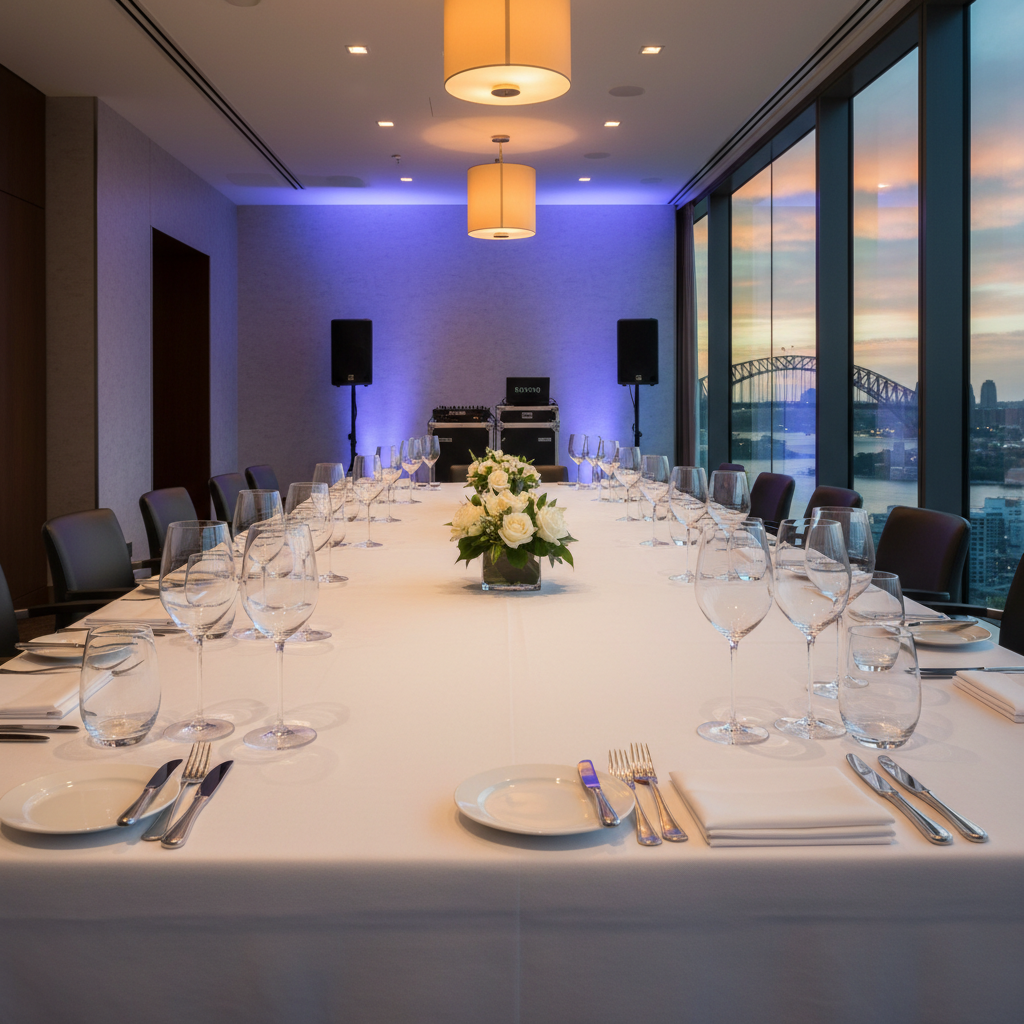 A long, immaculately dressed banquet table in a private event space, set with crystal-clear glassware, polished silver cutlery, and pristine white plates on crisp linen. At one end, a compact, professional entertainment setup features sleek black speakers, a subtle mixing console, and soft-colored uplighting that gently washes the nearby wall in blues and purples. The room has floor-to-ceiling windows revealing an Australian city skyline at dusk. Warm pendant lighting from above creates sparkling highlights on the glassware and a welcoming glow across the table. Captured from a slightly elevated angle, with sharp focus in the midground and gentle blur toward the back, the mood is intimate, polished, and bespoke, emphasizing tailored entertainment for private clients.